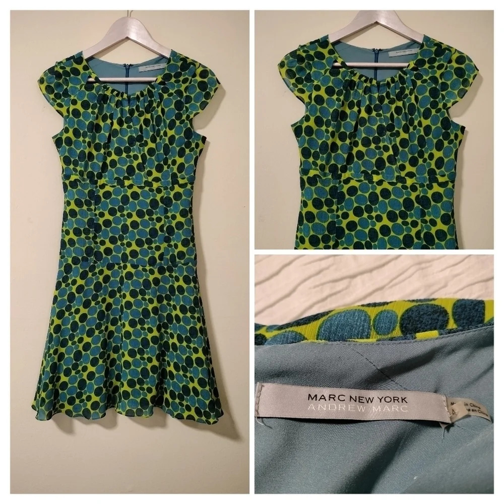 Marc New York Andrew Marc Size 4 Blue spotted Dress Short Sleeves Lined